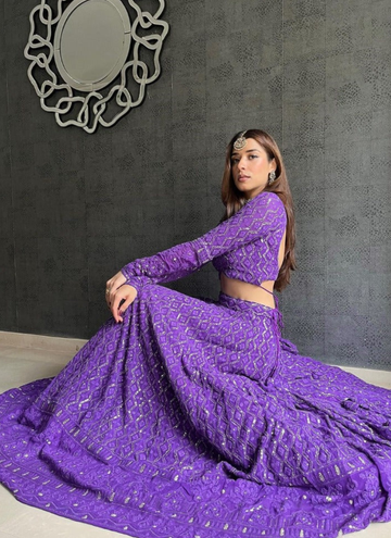 Designer Purple Lakhnavi Thread Work Georgette Lehenga Choli